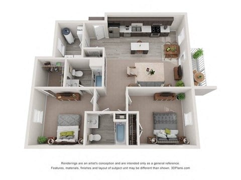 Floor plan for 2 beds, 2 baths, 1104 sqft